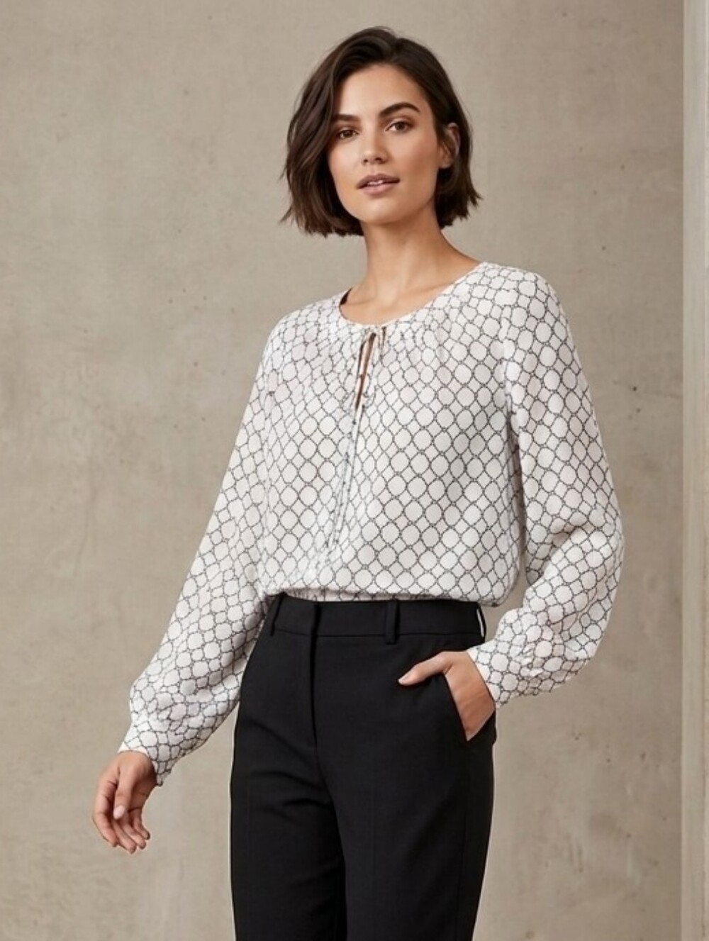 Daniel Rainn Geometric Print Long Sleeve Blouse White & Dark Blue